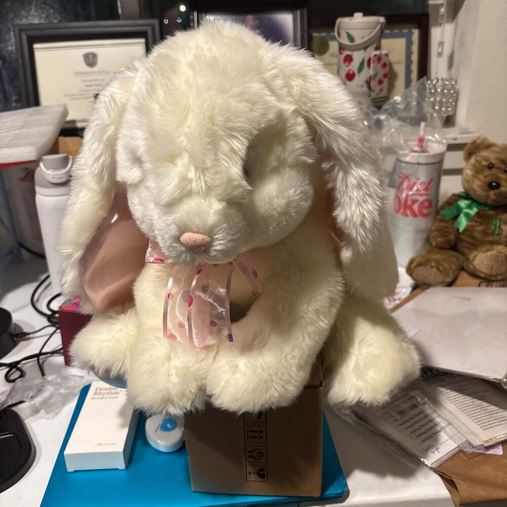 Vintage Russ Berrie Powderpuff White Bunny Rabbit Plush Pink Satin Ears